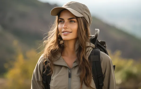 Picture look, girl, mountains, nature, smile, portrait, cap, windbreaker