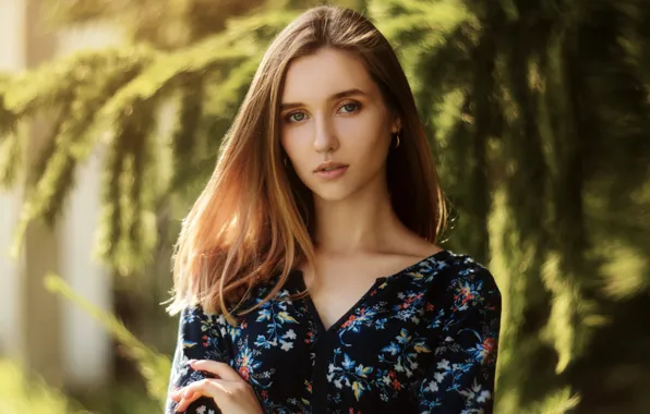 Greens, look, the sun, pose, background, model, portrait, makeup