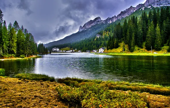 The sky, clouds, trees, mountains, lake, Alps, Italy, the hotel