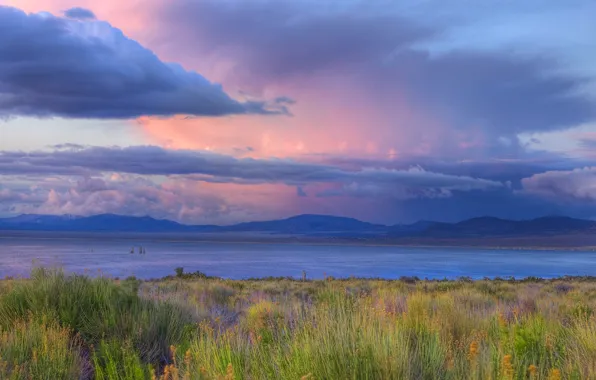 The sky, grass, clouds, sunset, mountains, clouds, river, shore