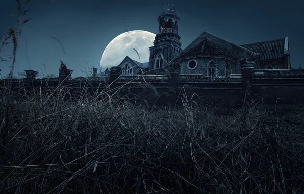 Night, the monastery, full moon