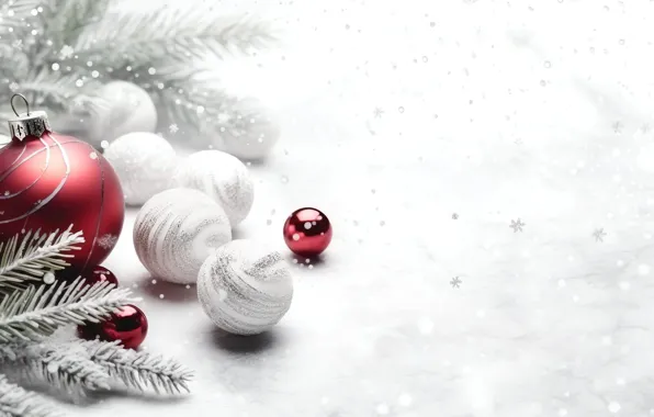 Balls, branches, Christmas, red, white background, New year, white, needles
