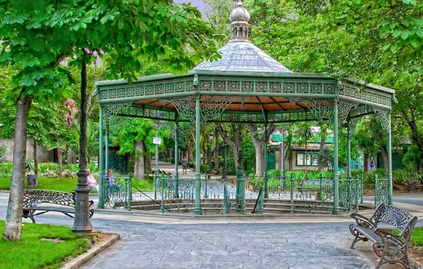 Picture trees, Park, alley, gazebo, bench