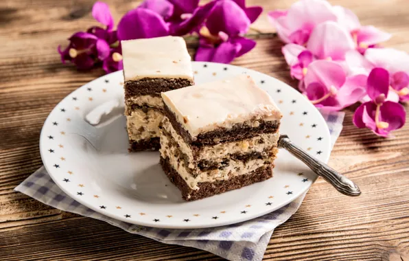 Picture flowers, plate, cake, nuts, cream, chocolate, biscuit
