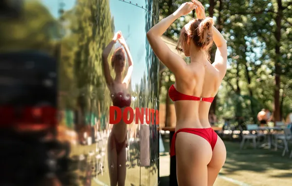 Swimsuit, ass, girl, the sun, trees, pose, reflection, model
