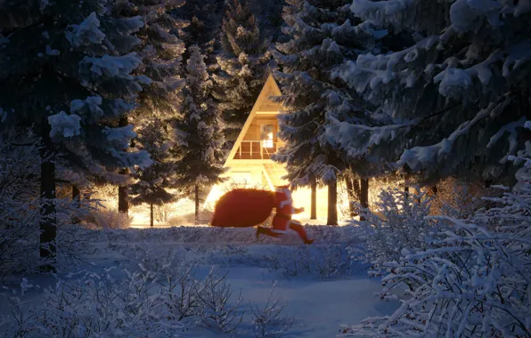 Winter, snow, trees, house, Christmas, New year, Santa Claus, runs