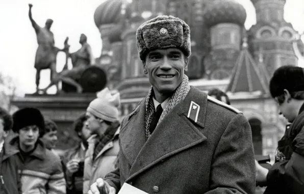 Picture black and white, Moscow, Uniform, Arnold Schwarzenegger, Red heat