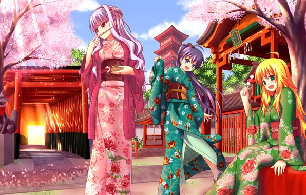 Girls, food, Sakura, art, kimono, the gates, the sun's rays