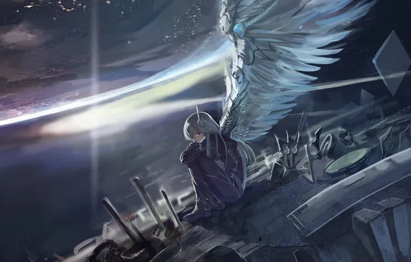 Girl, space, wings, anime, art, xzcpop, avamone