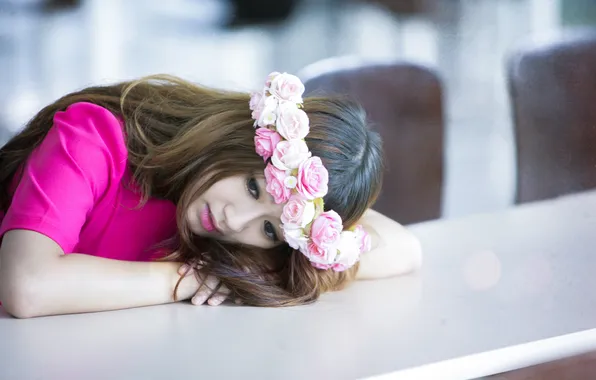 Picture girl, flowers, Asian, wreath