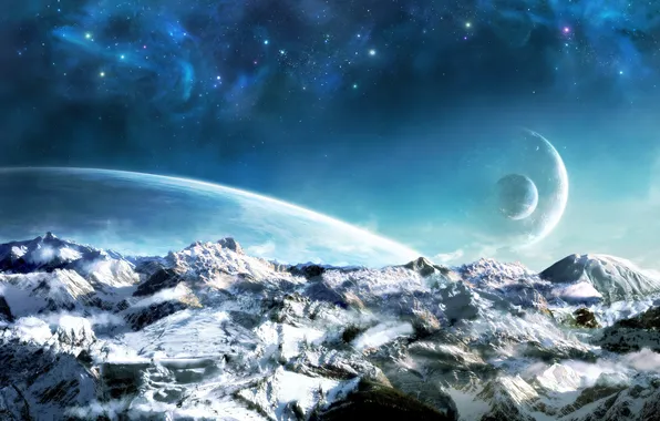 Picture ice, science fiction, mountains, rocks, planets