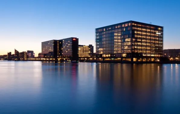 Lights, buildings, harbour, blue hour, Denmark, Copenhagen, The capital