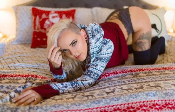 Model, Tattoo, Black Panties, Sweater, Darshelle Stevens, On The Bed