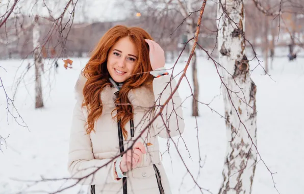 Winter, look, girl, snow, smile, red, beautiful