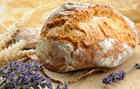Picture flowers, table, food, bread, cakes, lavender