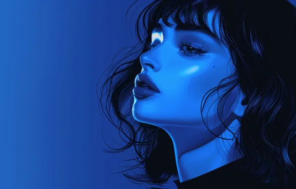 Picture blue, blue background, black hair, bangs, juicy lips, AI art, mole under eye, cateye (makeup)
