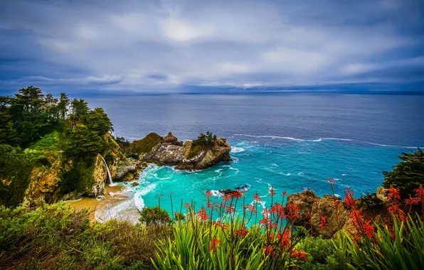 Flowers, the ocean, rocks, coast, waterfall, CA, Pacific Ocean, California