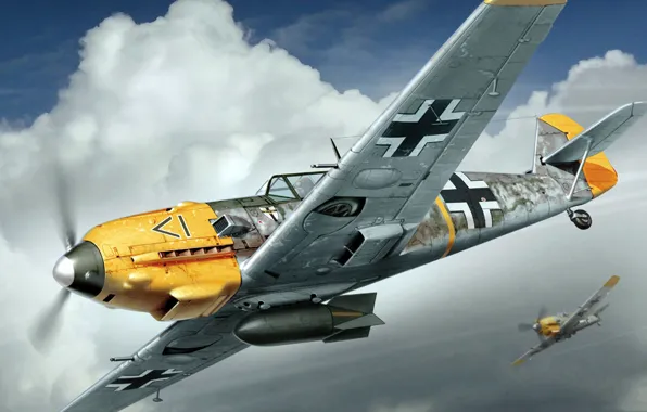 Figure, art, Messerschmitt, Emil, Luftwaffe, single-engine piston fighter-low, Bf-109E-4/B