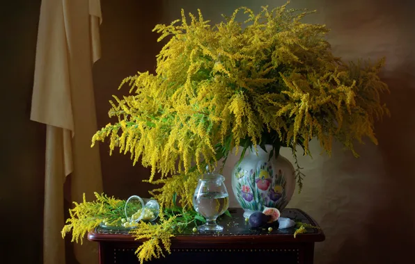 Picture flowers, fruit, vase, figs, goldenrod, Mila Mironova