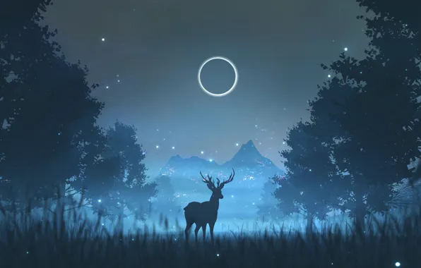 Night, Trees, The moon, Forest, Silhouette, Deer, Fantasy, Night