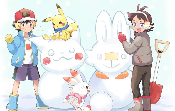 Snowmen, Pokemon, boys, Pokemon, Pikachu