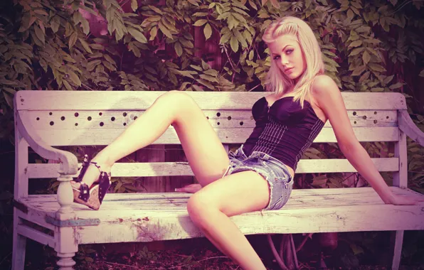 Look, leaves, girl, bench, shorts, blonde, legs, body