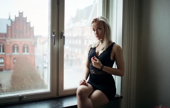 Women, brunette, blonde, black dress, portrait, window sill, Misho Jovicic, choker