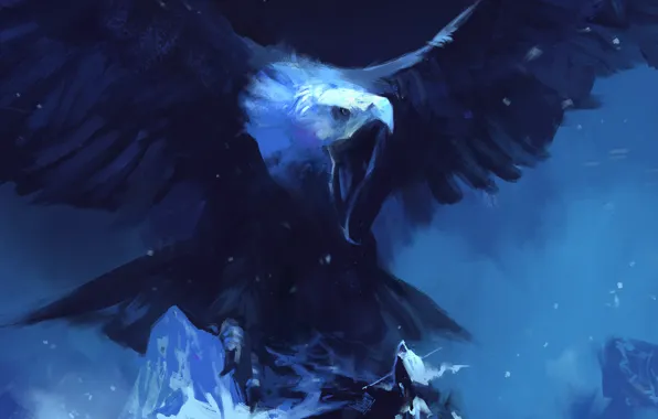 Snow, mountains, night, eagle, people, wings, art, Blizzard