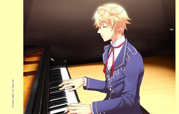 The game, scene, piano, guy, school uniform, art, closed eyes, visual novel
