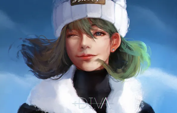 The sky, girl, green hair, cap, wink, white fur, by Diva