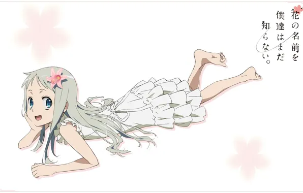 Characters, blue eyes, flower in hair, white sundress, barefoot girl, Anohana, long white hair, Meiko …