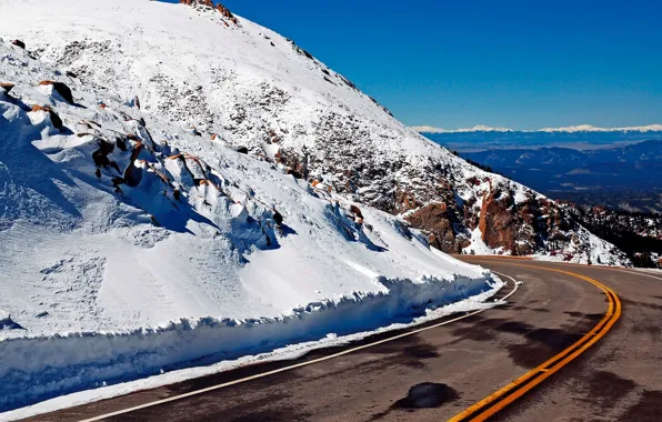 Road, snow, mountains