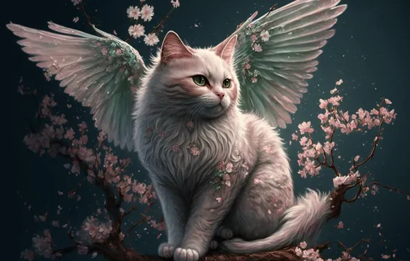 Cat, cat, wings, AI art, neural network, the art of artificial intelligence, kotopegas, cat angel