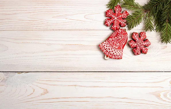 Snowflakes, branches, Board, cookies, Christmas, red, New year, needles