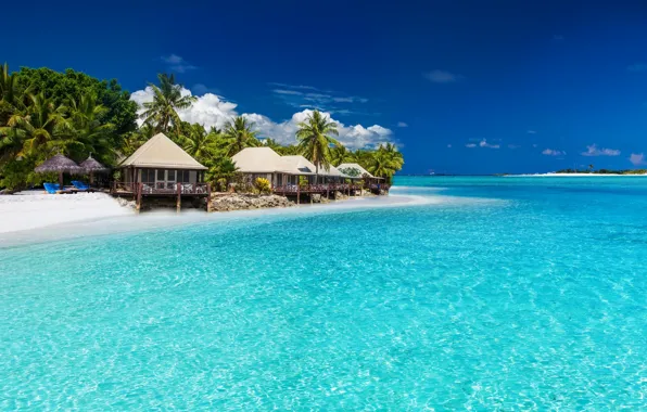 Picture beach, the sky, clouds, palm trees, The ocean, Bungalow