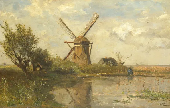Landscape, oil, picture, canvas, 1903, Paul Gabriel, Mill at the pond, Paul Gabriel