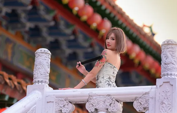 Look, Asian, Pose, Hands, Tattoo, Fan