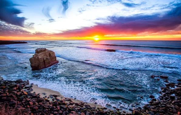 Sea, the sky, clouds, sunset, rock, stones, USA, California
