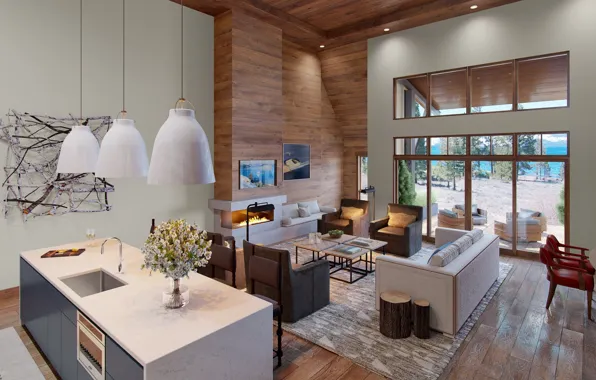 Download wallpaper design, Villa, interior, kitchen, living room ...