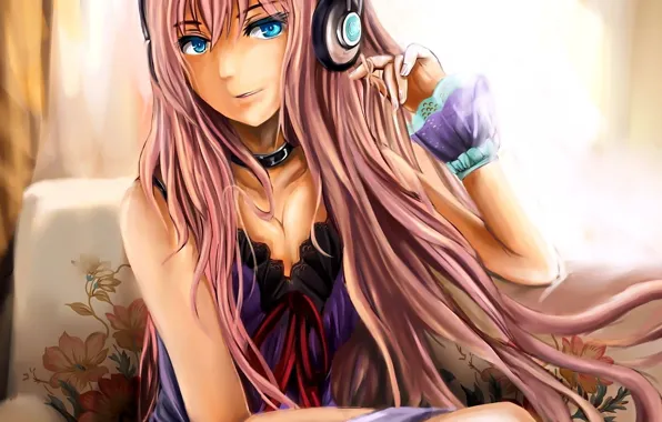 Picture girl, cleavage, Vocaloid, dress, breast, anime, headphones, blue eyes