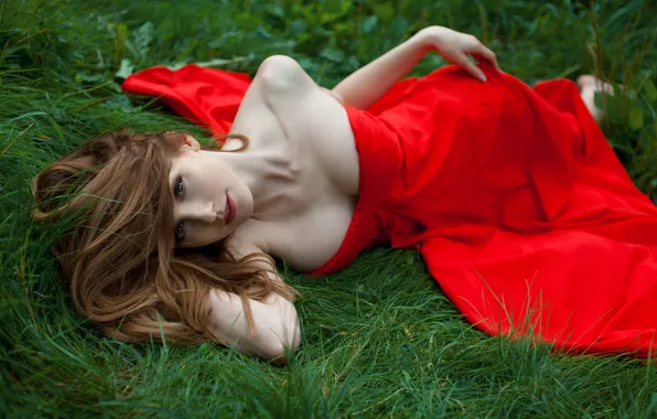 Picture grass, look, girl, pose, neckline, red, red dress, redhead