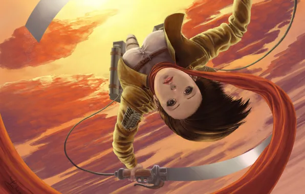 Picture girl, the sun, flight, swords, Attack on Titan, Mikasa
