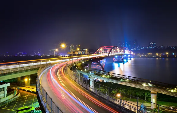 Night, bridge, the city, lights, river
