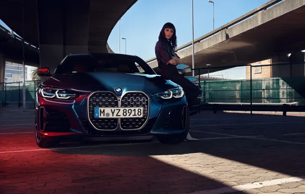Pose, bridges, Coupe, Parking, beautiful brunette, BMW 4, BMW 4 Coupe