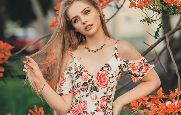 Picture girl, decoration, flowers, branches, nature, earrings, blonde, blouse