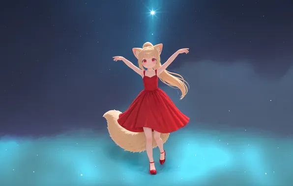 Girl, clouds, night, sleep, anime, blonde, red dress, cloth