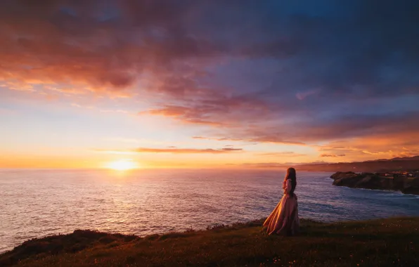 Sea, the sky, girl, the sun, clouds, light, nature, pose