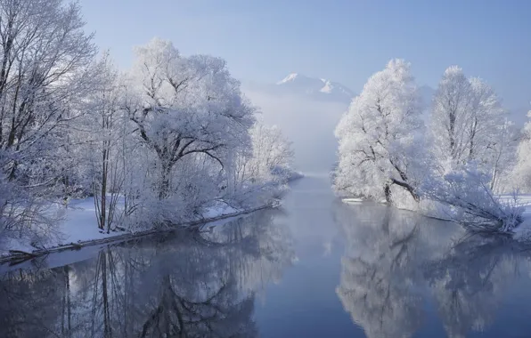 Winter, the sky, snow, trees, mountains, nature, river, Germany