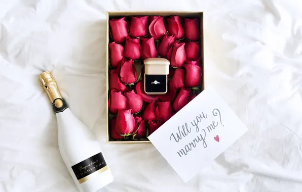 Box, roses, ring, red, champagne, buds, Romantic, engagement