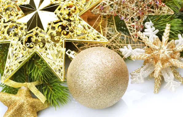Picture stars, decoration, snowflakes, toys, ball, branch, New Year, Christmas